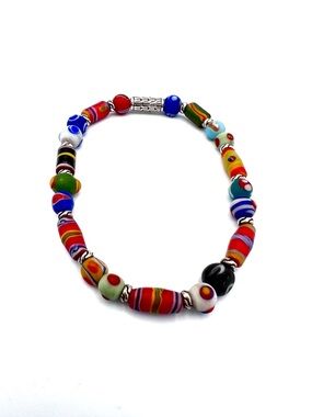 Vintage John Hardy Borneo Bead Bracelet Multicolor Glass Sterling Silver 925 7.5